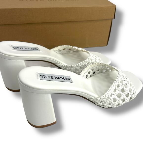Steve Madden White Woven Heels Size 7 Slip On Mules Rafia Boho Beach Sandals - Picture 12 of 12